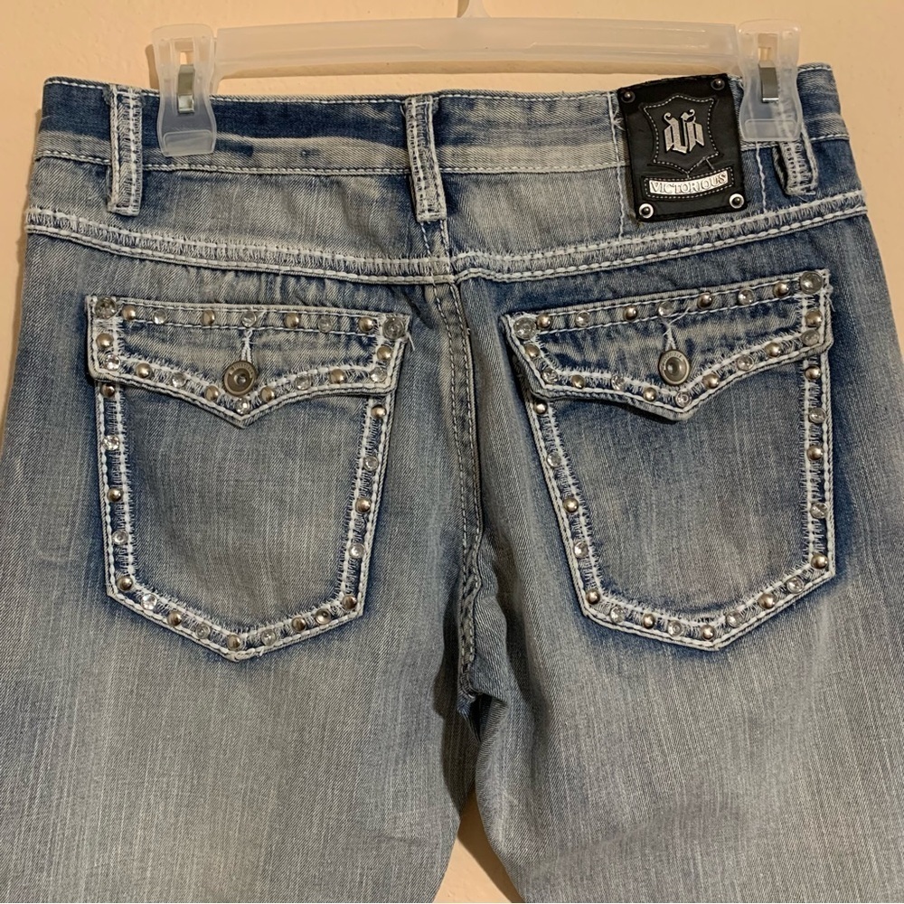 Victorious Mens Jeans 34x32 Distressed Blue Baggy Hip Hop Skater Y2K Studded